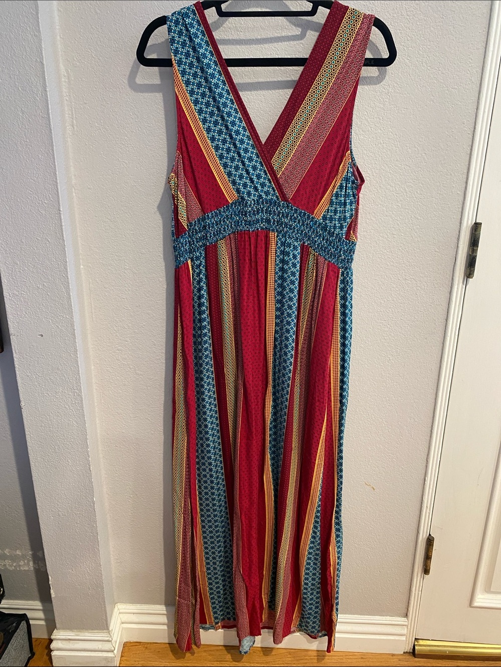 Bohemian V-Neck Maxi Dress in Red and Teal